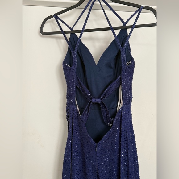 Elegant Navy Sparkle Cowl Neck Evening Dress - Picture 5 of 16